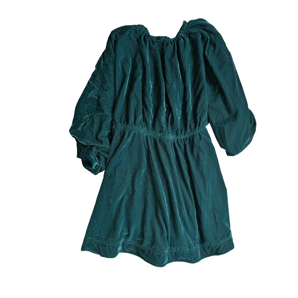 NWOT Free People Portia Velvet Mini Dress Ruched Balloon Sleeves Emerald Sz S